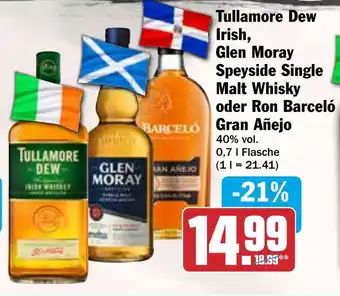 HIT Tullamore Dew Irish, Glen Moray Speyside Single Malt Whisky oder Ron Barceló Gran Añejo Angebot