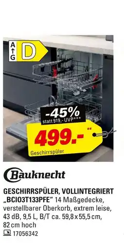 Höffner Bauknecht geschirrspüler, vollintegriert „bcio3t133pfe“ Angebot