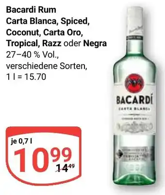 Globus Bacardi Rum Carta Blanca, Spiced, Coconut, Carta Oro, Tropical, Razz oder Negra Angebot