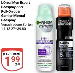 Globus L'Oréal Men Expert Deospray oder Roll-On oder Garnier Mineral Deospray Angebot