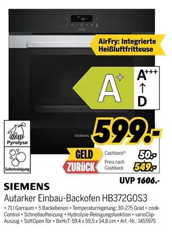 MEDIMAX Siemens autarker einbau-backofen hb372g0s3 Angebot