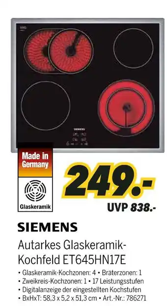 MEDIMAX Siemens autarkes glaskeramik-kochfeld et645hn17e Angebot