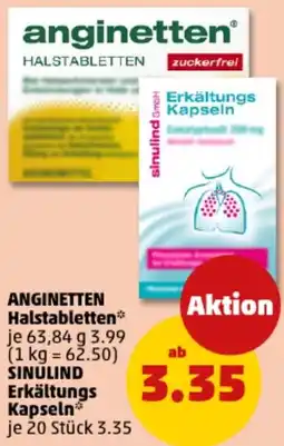 PENNY ANGINETTEN Halstabletten oder SINULIND Erkältungs Kapseln Angebot