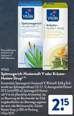 Aldi Süd VITALIS Spitzwegerich-Hustensaft V oder Kräuter Husten-Sirup Angebot