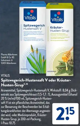 Aldi Süd VITALIS Spitzwegerich-Hustensaft V oder Kräuter Husten-Sirup Angebot