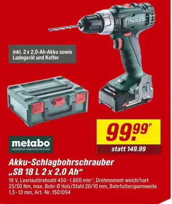 toom Baumarkt Metabo akku-schlagbohrschrauber „sb 18 l 2 x 2,0 ah“ Angebot