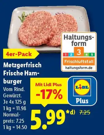 Lidl 4er-Pack Metzgerfrisch Frische Ham- burger Angebot