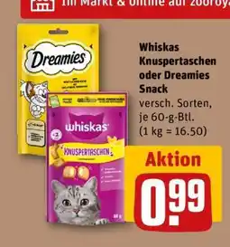 REWE Whiskas Knuspertaschen oder Dreamies Snack Angebot