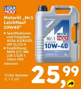 Globus Baumarkt Liqui moly motoröl „nr.1 leichtlauf 10w40“ Angebot