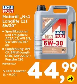 Globus Baumarkt Liqui moly motoröl „nr.1 longlife iii 5w30“ Angebot