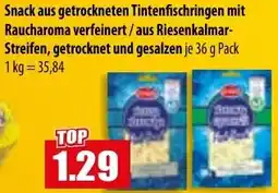 Mix Markt Snack aus getrockneten Tintenfischringen mit Raucharoma verfeinert/aus Riesenkalmar Streifen Angebot