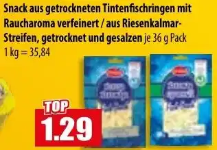 Mix Markt Snack aus getrockneten Tintenfischringen mit Raucharoma verfeinert/aus Riesenkalmar Streifen Angebot