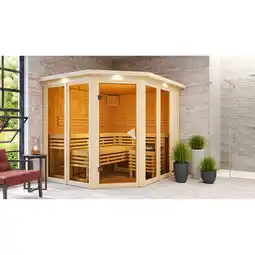 toom Baumarkt Karibu Sauna 'Ariadna 3' naturbelassen mit Kranz und bronzierter Tür 245 x 210 x 202 cm Angebot