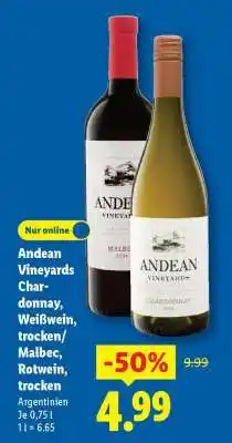 Lidl Andean Vineyards Chardonnay, Weißwein, trocken/ Malbec, Rotwein, trocken Angebot