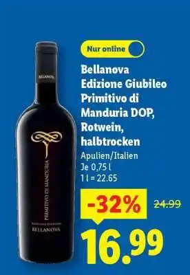 Lidl Bellanova Edizione Giubileo Primitivo di Manduria DOP, Rotwein, halbtrocken Angebot