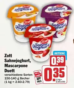 HIT Zott Sahnejoghurt, Mascarpone Duett Angebot