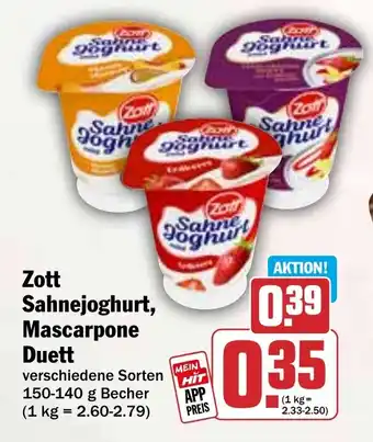 HIT Zott Sahnejoghurt, Mascarpone Duett Angebot