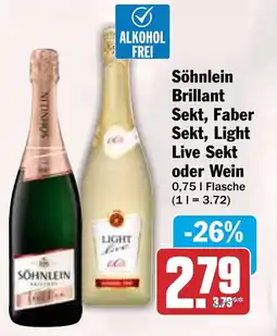HIT Söhnlein Brillant Sekt, Faber Sekt, Light Live Sekt oder Wein Angebot