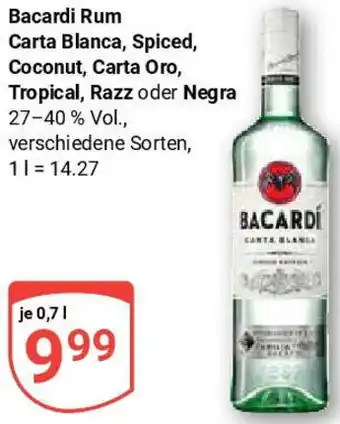 Globus Bacardi Rum Carta Blanca, Spiced, Coconut, Carta Oro, Tropical, Razz oder Negra Angebot
