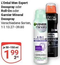 Globus L'Oréal Men Expert Deospray oder Roll-On oder Garnier Mineral Deospray Angebot