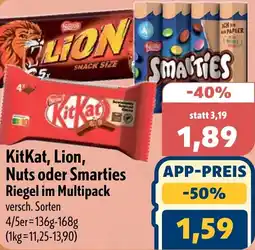 Aktiv Irma KitKat, Lion, Nuts oder Smarties Riegel im Multipack Angebot