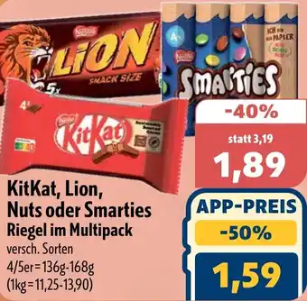 Aktiv Irma KitKat, Lion, Nuts oder Smarties Riegel im Multipack Angebot