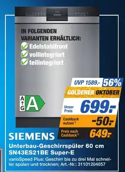Expert Technomarkt SIEMENS Unterbau-Geschirrspüler 60 cm SN43ES21BE Super-E Angebot