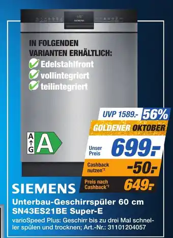 Expert Technomarkt SIEMENS Unterbau-Geschirrspüler 60 cm SN43ES21BE Super-E Angebot