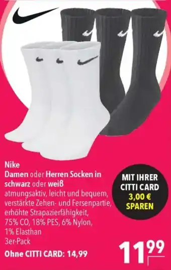 CITTI Markt Nike Damen oder Herren Socken in schwarz oder weiß Angebot