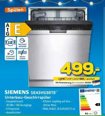 Euronics Siemens Unterbau-Geschirrspuler | SE43HS36TE Angebot