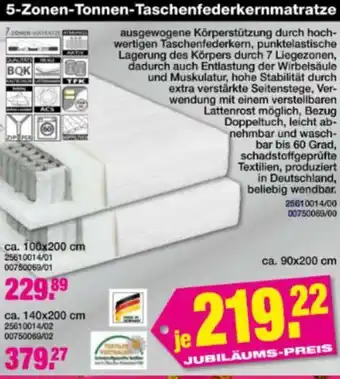 SOMIT 5-Zonen-Tonnen-Taschenfederkernmatratze Angebot