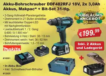 Stabilo Fachmarkt Akku-Bohrschrauber DDF482RFJ 18V, 2x 3,0Ah Akkus, Makpac“ + Bit-Set 31-tlg. Angebot