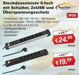 Stabilo Fachmarkt KesTek Steckdosenleiste 6-fach mit Schalter, 2xUSB und Überspannungsschutz Angebot