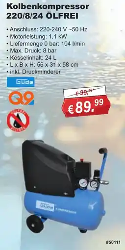 Stabilo Fachmarkt Güde Kolbenkompressor 220/8/24 ÖLFREI Angebot