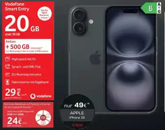Euronics Berlet APPLE iPhone 16 + Vodafone Smart Entry 20GB Angebot