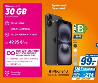 Expert iPhone 16 + Magenta Mobil S 30 GB Angebot