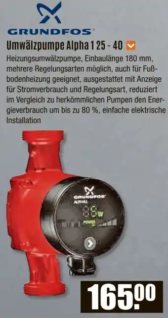 V Baumarkt GRUNDFOS Umwälzpumpe Alpha 1 25-40 Angebot