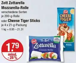 V Markt Zott Zottarella Mozzarella-Rolle oder Cheese Tiger Sticks Angebot