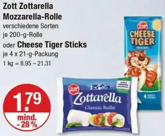 V Markt Zott Zottarella Mozzarella-Rolle oder Cheese Tiger Sticks Angebot
