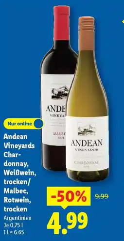 Lidl Andean Vineyards Char- donnay, Weißwein, trocken/ Malbec, Rotwein, trocken Argentinien Angebot