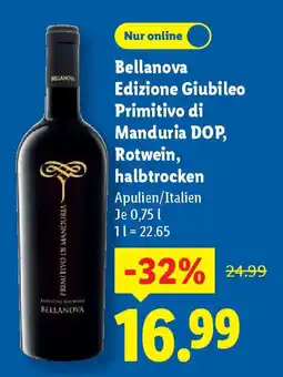 Lidl Bellanova Edizione Giubileo Primitivo di Manduria DOP, Rotwein, halbtrocken Angebot