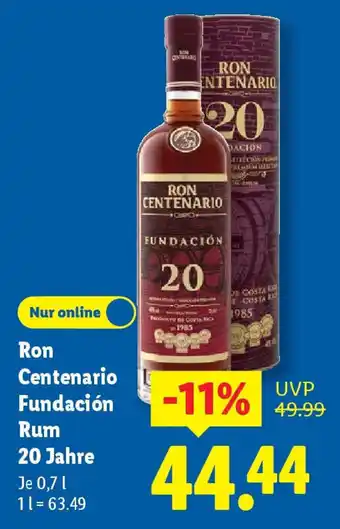 Lidl Ron Centenario Fundación Rum 20 Jahre Angebot
