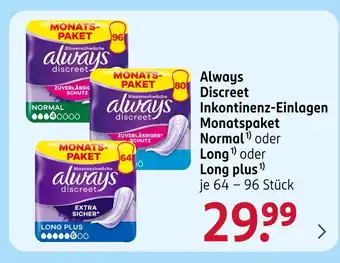 Rossmann Always discreet inkontinenz-einlagen monatspaket normal Angebot