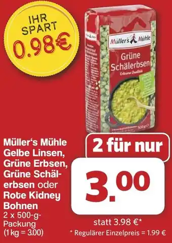 Famila Nord West Müller's Mühle Gelbe Linsen, Grüne Erbsen, Grüne Schälerbsen oder Rote Kidney Bohnen Angebot