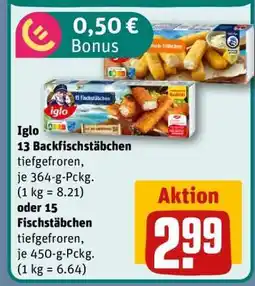 REWE Iglo 13 Backfischstäbchen oder 15 Fischstäbchen Angebot