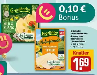 REWE Grünländer Käsescheiben mild & nussig oder Naturfreunde Tilsiterscheiben Angebot