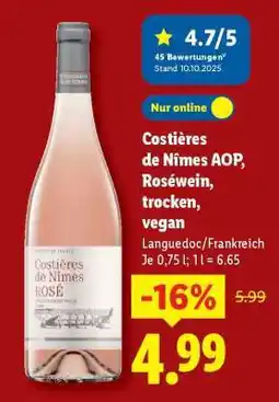 Lidl Costières de Nîmes AOP, Roséwein, trocken, vegan Angebot