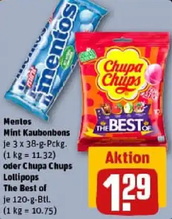 REWE Mentos Mint Kaubonbons oder Chupa Chups Lollipops The Best of Angebot