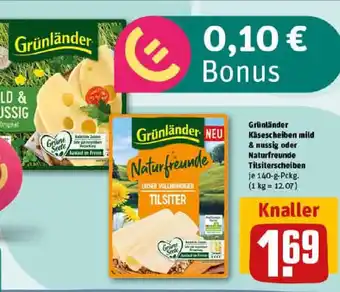 REWE Grünländer Käsescheiben mild & nussig oder Naturfreunde Tilsiterscheiben Angebot