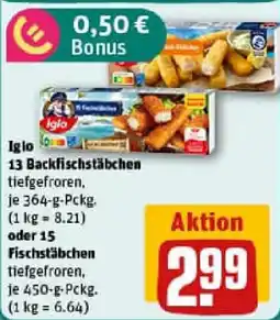 REWE Iglo 13 Backfischstäbchen oder Fischstäbchen Angebot